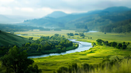 A tranquil river valley, featuring flowing water, green meadows, and distant mountains. Generative AI illustration 