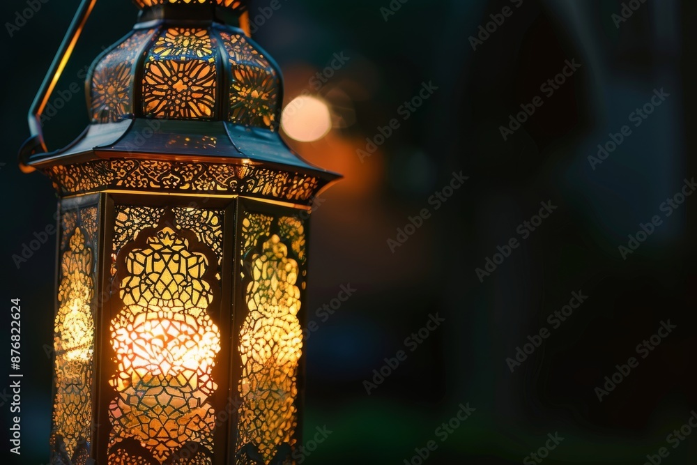 Aufkleber a closeup shot of an elegant lantern with intricate islamic patterns, illuminated from within by a w