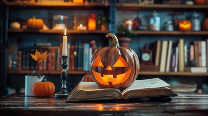 Carved pumpkin with a jack-o'-lantern face on an open book, candle lit in a cozy library during Halloween.