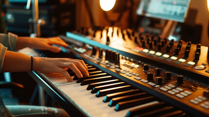 A person playing a synthesizer keyboard in a music studio with various control knobs and buttons, illuminated by warm lighting.