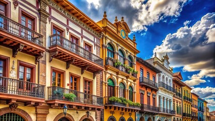 Fototapeta premium Vibrant traditional buildings with ornate facades and balconies rise towards a brilliant blue sky with puffy white clouds in a charming old town scene.