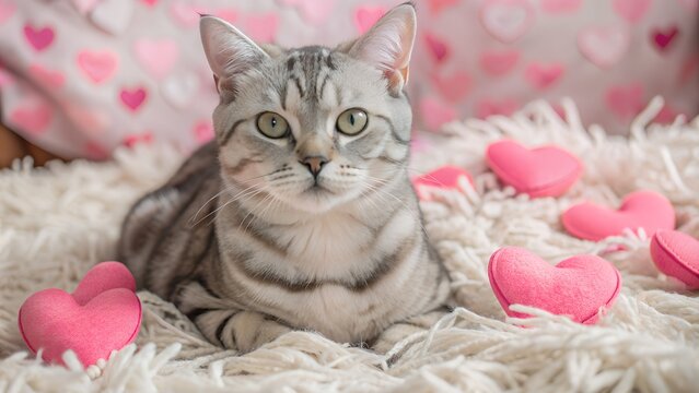 Adorable tabby cat resting among fluffy white and pink heart-shaped pillows