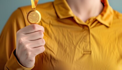 Close-up of a person's hand holding a gold medal.