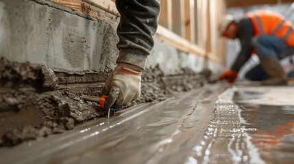 An image showing a close-up view of a worker installing foundation anchors and smoothing wet concrete. The worker is wearing gloves, and another worker in a safety vest is visible in the background.