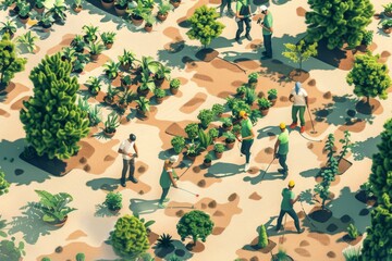 Fototapeta premium People planting trees or working in community garden promoting local food production