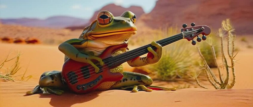 Animated frog playing bass guitar in desert.
