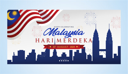Exclusive 67th Malaysia Independence Day Background with City Landmarks and Flag Illustration. Happy 67th Malaysia Hari Merdeka 2024 Banner. Best for Malaysia National Day Celebration