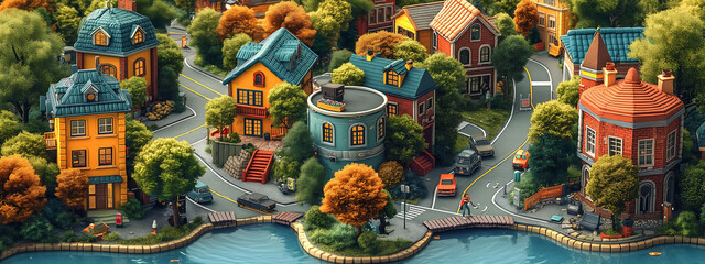 Create an 2D flat image of a board game. The game is designed to be played on a table and is themed around a family with a dog moving into a new town