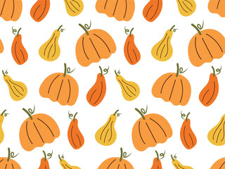 Seamless pattern with pumpkins of different shapes and colors vector illustration of hand-drawn pumpkins