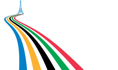 Colored Olympic Games rainbow lines flag converge in Eiffel Tower