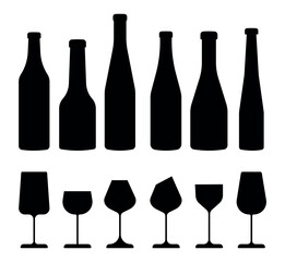 Set of silhouettes of wine bottles and glasses. Vector illustration in flat style, eps 10