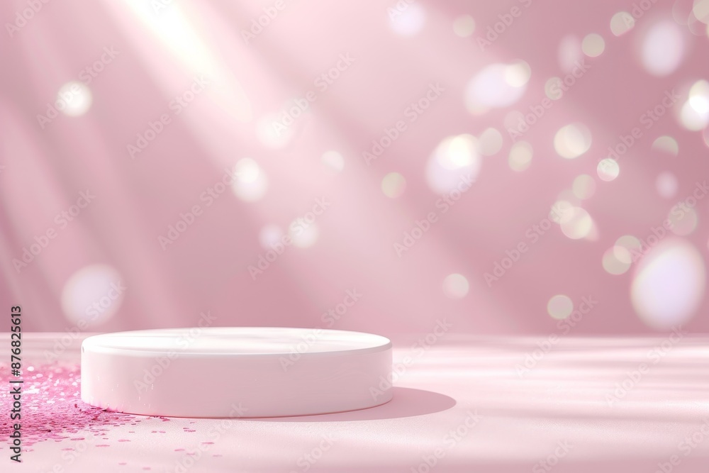 Canvas Prints a sleek white cylindrical podium sits on a soft pink gradient backdrop with gentle bokeh lights