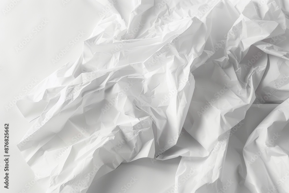 Poster a high angle photograph of a stack of white crumpled paper sheets against a clean minimalistic backg