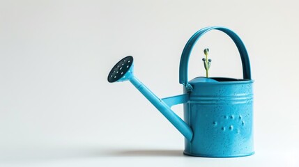 Miniature blue watering can symbolizing nurturing and growth on white background