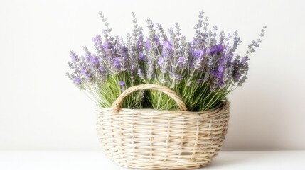 legant Basket of Lavender Flowers on White Background