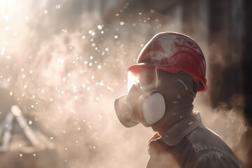 Worker wearing red safety helmet and respirator mask amidst airborne particles in dusty industrial environment. Occupational safety, industrial hazards, workplace safety, air pollution.