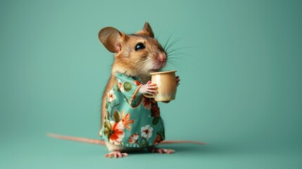 A stylish mouse in a sundress and sandals, holding a coffee cup against a periwinkle studio backdrop 