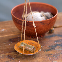 Retro scales with a metal weight for balance, close-up