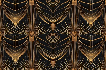 Black and gold art deco pattern, featuring symmetrical lines and elegant motifs, Generative AI 