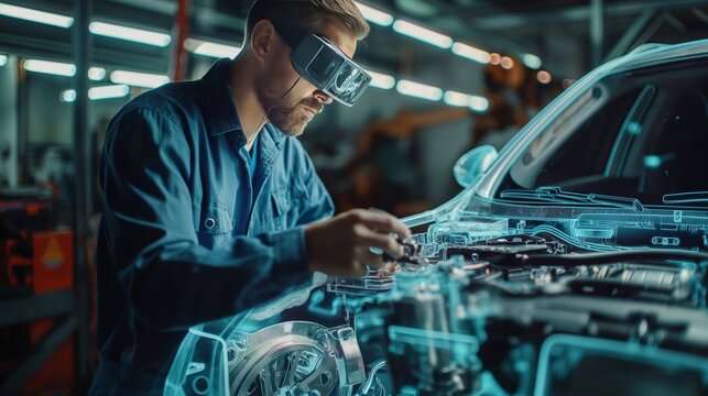 engineer with augmented reality glasses working on electric car engine with holographic display in high-tech factory
