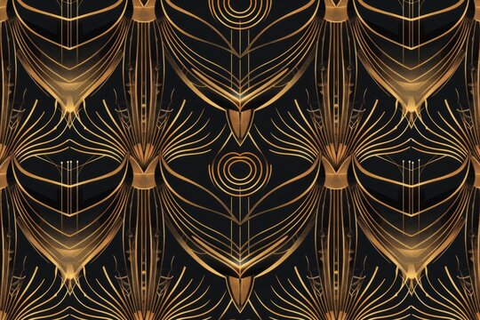 Black and gold art deco pattern, featuring symmetrical lines and elegant motifs, Generative AI 