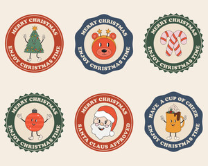 Christmas round stickers in retro groovy style. Christmas retro budges, labels, round gift tag with cute Santa, tree, toy, candy cane, cocoa mug. Circle stamp with Merry Christmas greeting typography.