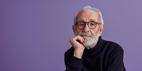 An elderly man with glasses and a beard, sitting against a purple background, reflects thoughtfully with a calm expression, conveying wisdom and serenity
