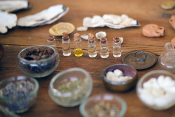 Perfume set in glass jars in ancient Rome, reconstruction