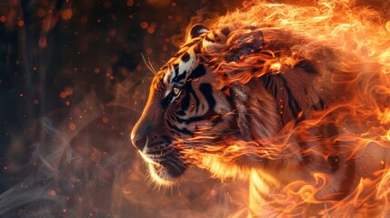 Digital art of a majestic tiger engulfed in flames, symbolizing power, strength, and fierceness in a fiery blaze of glory.