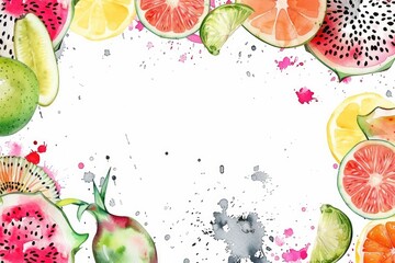 Vibrant watercolor painting frame of exotic fruits such as dragon fruit passion fruit and lychee with a clear center for copyspace