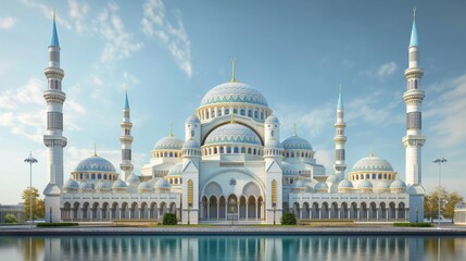 Obraz premium Magnificent mosque with intricate domes and minarets under a clear sky, reflecting on the water. The architecture is detailed and symmetrical with lush surroundings.