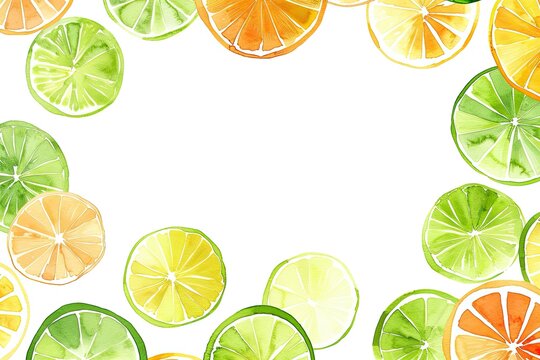 Watercolor illustration frame of fresh citrus slices with a central blank space for text