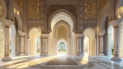 Fototapeta premium Intricately decorated arches and columns in an opulent building, featuring ornate patterns, golden details, and natural light streaming through.