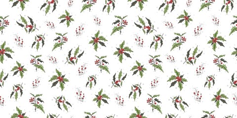 seamless modern Wallpaper with a pattern of Holly and Rowan branches. the hand-drawn sketch is made in a minimalist style. vintage-inspired illustration for paper, print, winter ideas