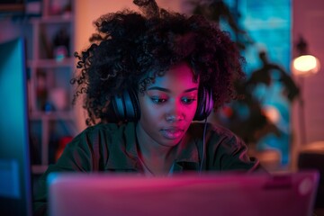 young Afro-American woman, wear headphones, watching laptop 