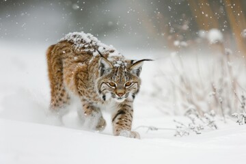 Obraz premium A young bobcat walking through the snow in Yellowstone National Park as falling snow accumulates on her back