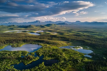 Obraz premium Aerial photography from a drone over the boreal forest, also known as taiga, along looking toward the Alaska Range in the distance. 