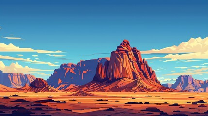 Obraz premium A majestic red rock formation rises in the desert under a bright blue sky.