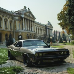 Classic car parked in front of a historic building