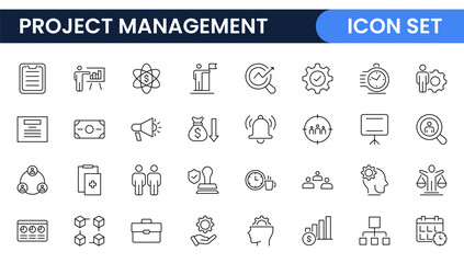 "Project Management web icons in line style. Outline icon collection related to Schedule, human resource, management, development, planning, and more.."