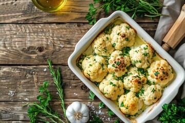 Baked cauliflower with herbs in white ceramic tray on rustic wooden background table, top view. Vegetarian healthy food, clean eating concept with free space for text.