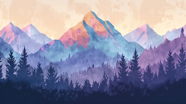 A watercolor illustration of a mountain range with a vibrant sunset sky. The silhouette of trees in the foreground create a sense of depth.