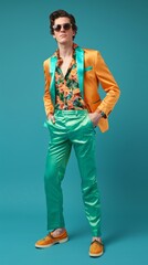 A stylish man in a retro disco outfit stands confidently