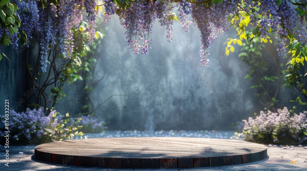 Poster close up, round empty podium with delicate wisteria vines hanging down around it, creating a whimsic