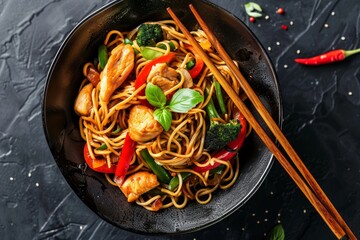 Bowl with Asian chicken stir fry soba noodles with vegetables on dark black stone background from above, Chinese Thai or Japanese noodles dish with soy sauce