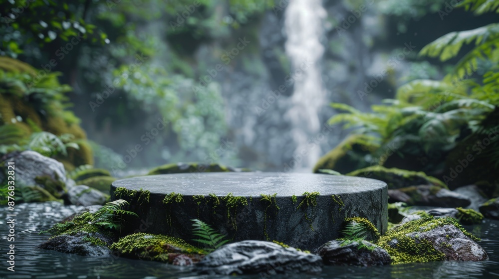 Poster close up, small round empty podium by a tranquil waterfall, with moss-covered rocks and ferns adding