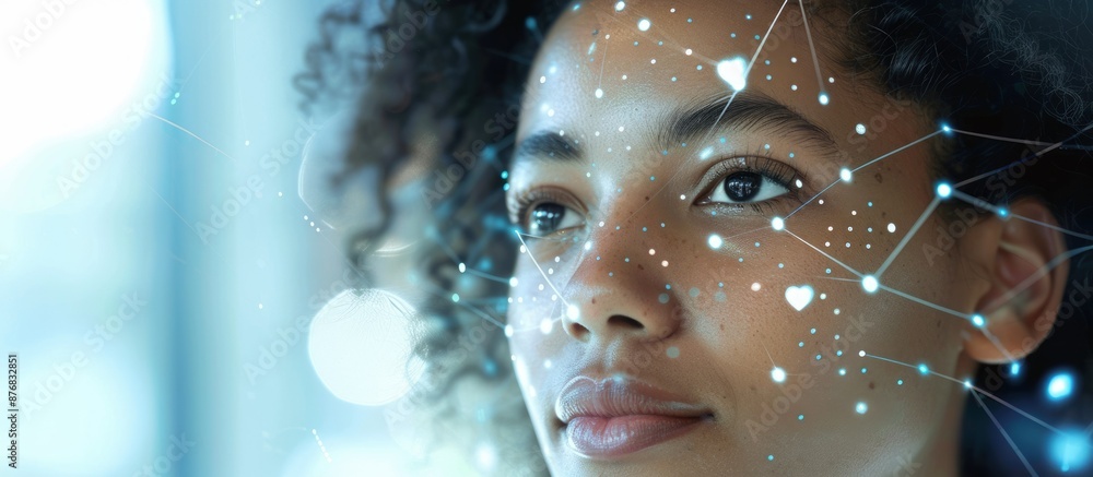 Poster imagine a woman in a futuristic world with glowing neural network patterns representing technology a