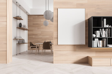 Stylish home living room interior with chairs and eating table, mockup frame