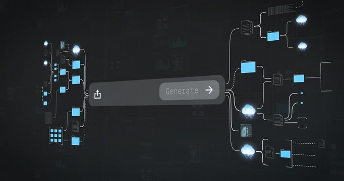 Mouse pointer clicks generate on ai terminal prompt artificial intelligence starts working and processing digital data to determine result, creation of digital art, neural network structures