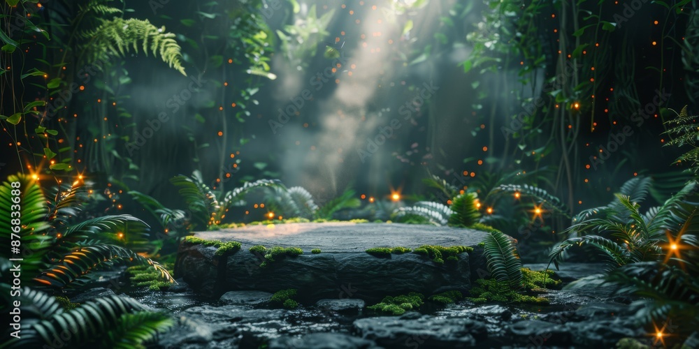 Poster close up, small round empty podium set in a mystical fern grotto with twinkling lights and a soft fo